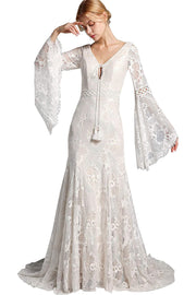 Boho Кружева с длинными рукавами-колокольчиками и V-образным вырезом Русалка Кружевное свадебное платье