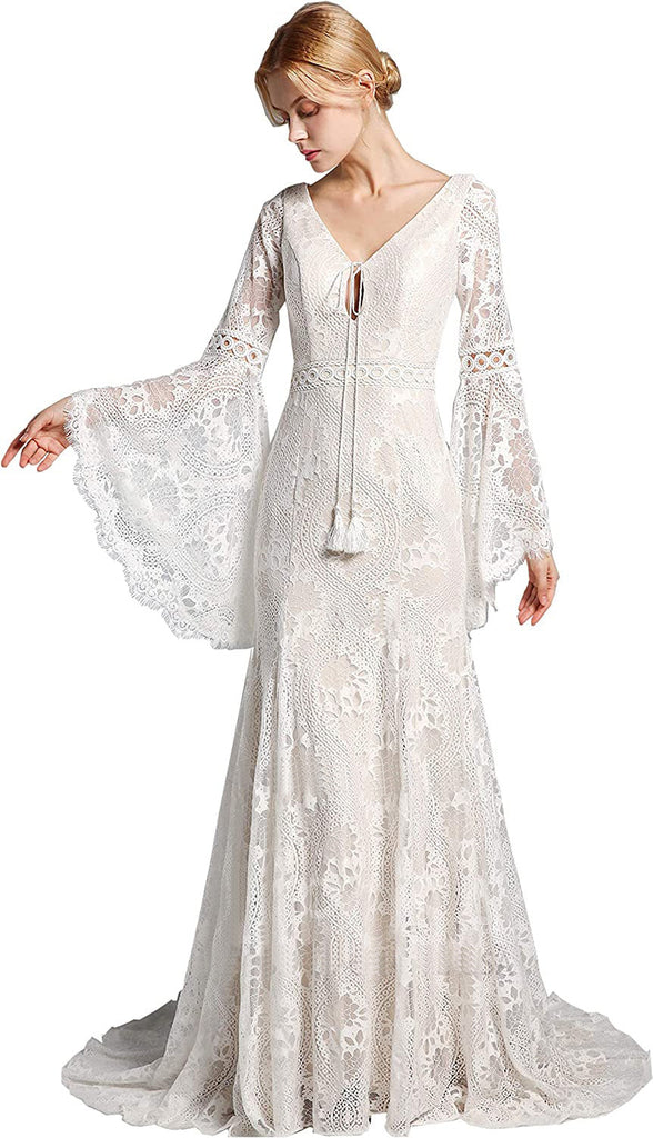 Boho Lace Long Bell Sleeves V Neck Mermaid Sweep Lace Wedding Dress