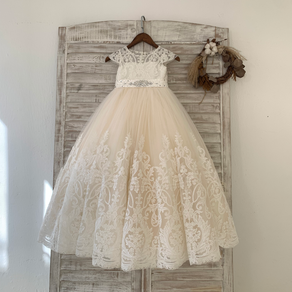 Cap Sleeves Champagne Lace Tulle Wedding Flower Girl Dress Kids Party -  Princessly