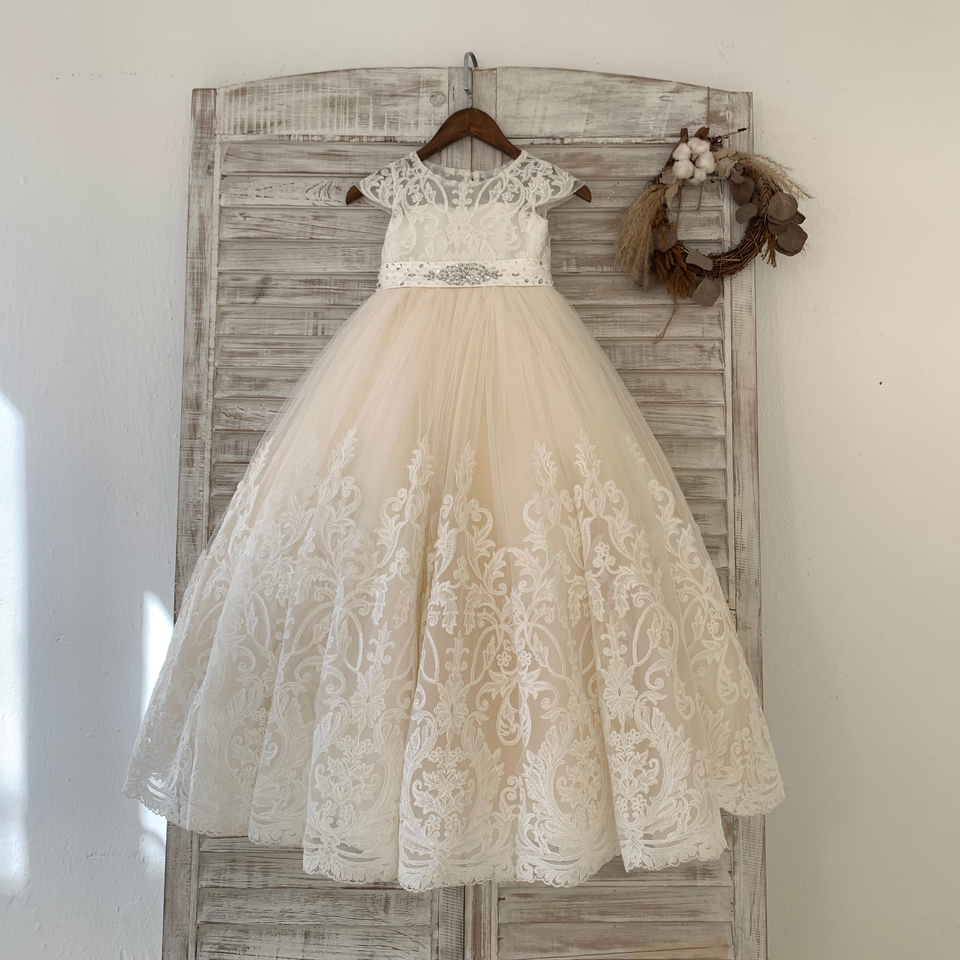Champagne lace hot sale flower girl dress