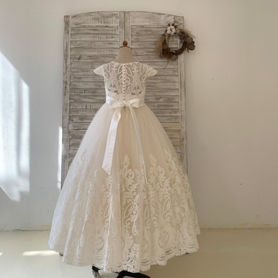 Cap Sleeves Champagne Lace Tulle Wedding Flower Girl Dress Festa per bambini