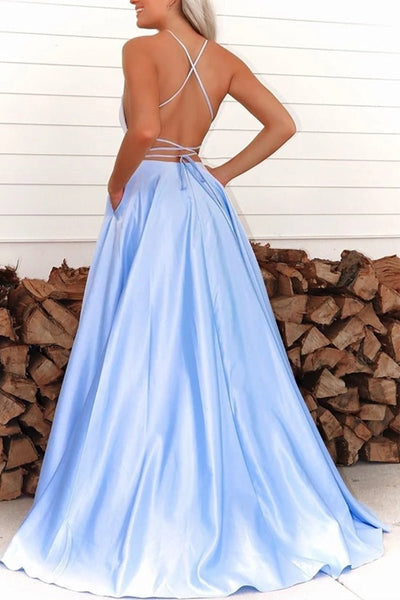 A-Line Prom Dresses Open Back Dress Formal Sweep / Brush Train Sleeveless Spaghetti Strap Satin Backless with Pleats 2024