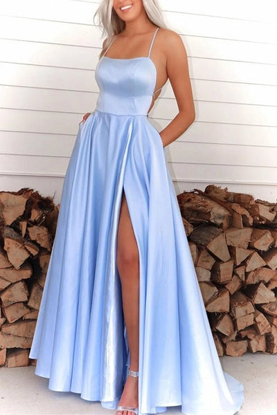 A-Line Prom Dresses Open Back Dress Formal Sweep / Brush Train Sleeveless Spaghetti Strap Satin Backless with Pleats 2024
