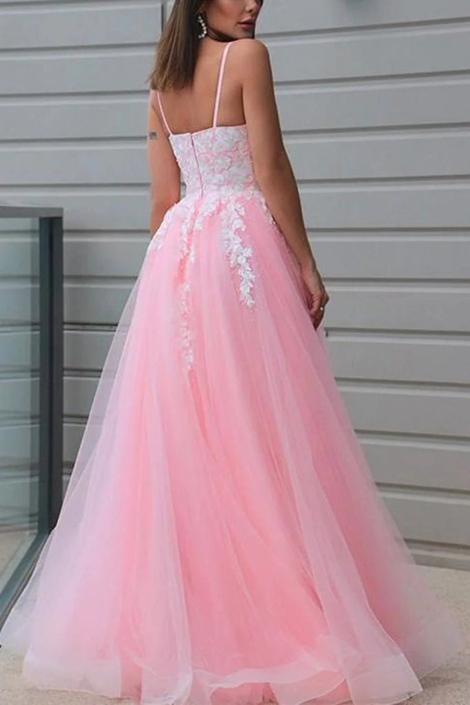 A-Line Prom Dresses Princess Dress Formal Floor Length Sleeveless V Neck Tulle with Pleats Appliques 2024