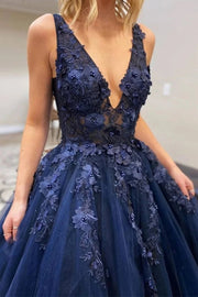 Темно-синие кружевные платья для выпускного вечера с V-образным вырезом, темно-синие кружевные длинные вечерние платья
