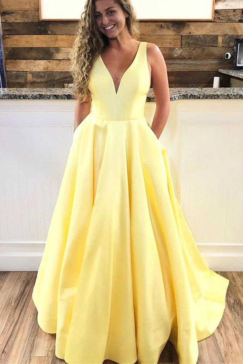 A Line V Neck Yellow Satin Long Prom Dresses with Pocket, Long V Neck Yellow Formal Evening Dresses A Line V Neck Yellow Satin Long Prom Dresses with Pocket, Long V Neck Yellow Formal Evening Dresses