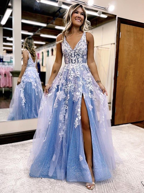 A-Line/Princess Tulle Applique V-neck Sleeveless Sweep/Brush Train Dresses A-Line/Princess Tulle Applique V-neck Sleeveless Sweep/Brush Train Dresses