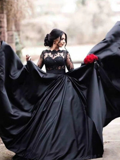 AラインはBateauの長い袖のイリュージョンのレースのサテンの黒い結婚式の服を振り返りました