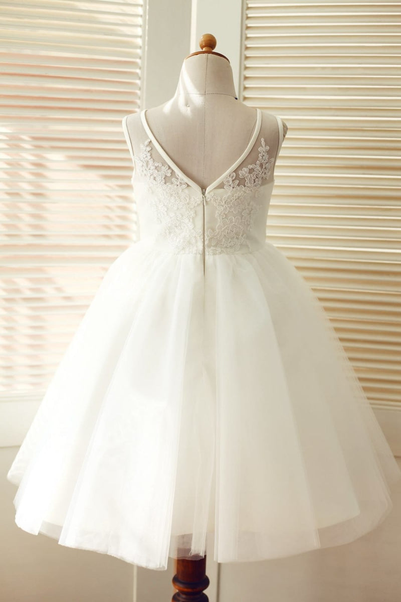 Ivory Tulle Cap Sleeves V Back Cupcake Wedding Flower Girl Dress