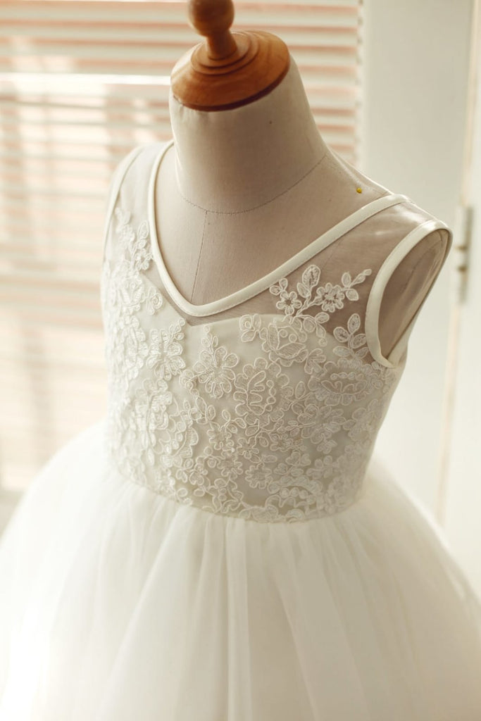 V Back Ivory Lace Tulle Wedding Flower Girl Dress
