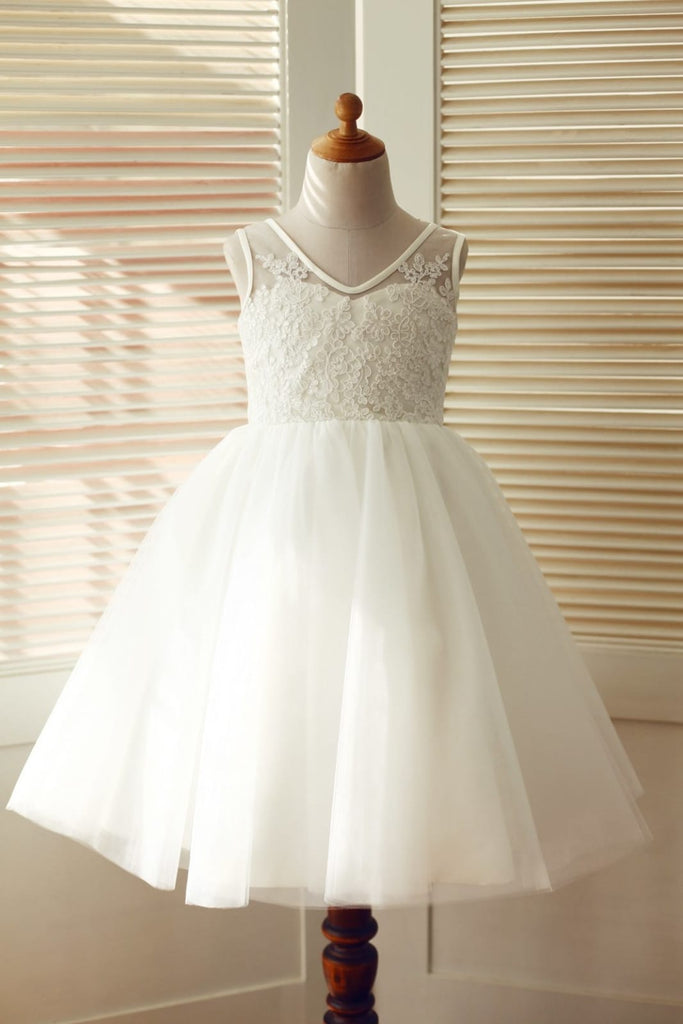 V Back Ivory Lace Tulle Wedding Flower Girl Dress