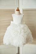 V Back Ivory Satin Organza Ball Gown Wedding Flower Girl Dress
