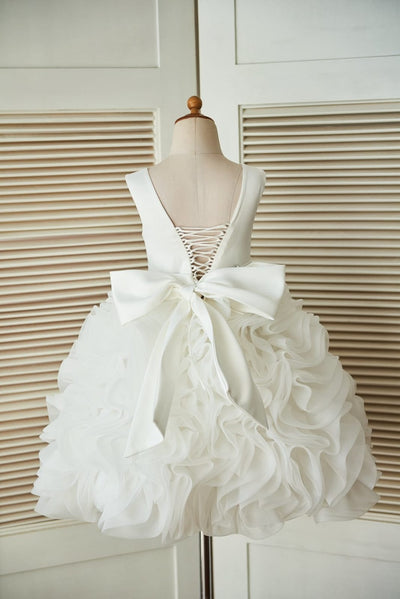 V back Ivory Satin Organza Ball Gown Wedding Flower Girl 