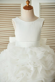 V back Ivory Satin Organza Ball Gown Wedding Flower Girl 