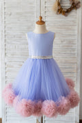 Abito da ragazza di fiore da sposa con orlo a balze in tulle color lavanda con retro a V