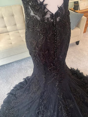 X Back V Neck Black Embroidered Lace Tulle Mermaid Wedding