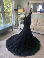 X Back V Neck Black Embroidered Lace Tulle Mermaid Wedding