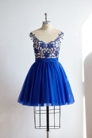 V Back Royal Blue Lace Tulle Short Knee Length Prom Party 