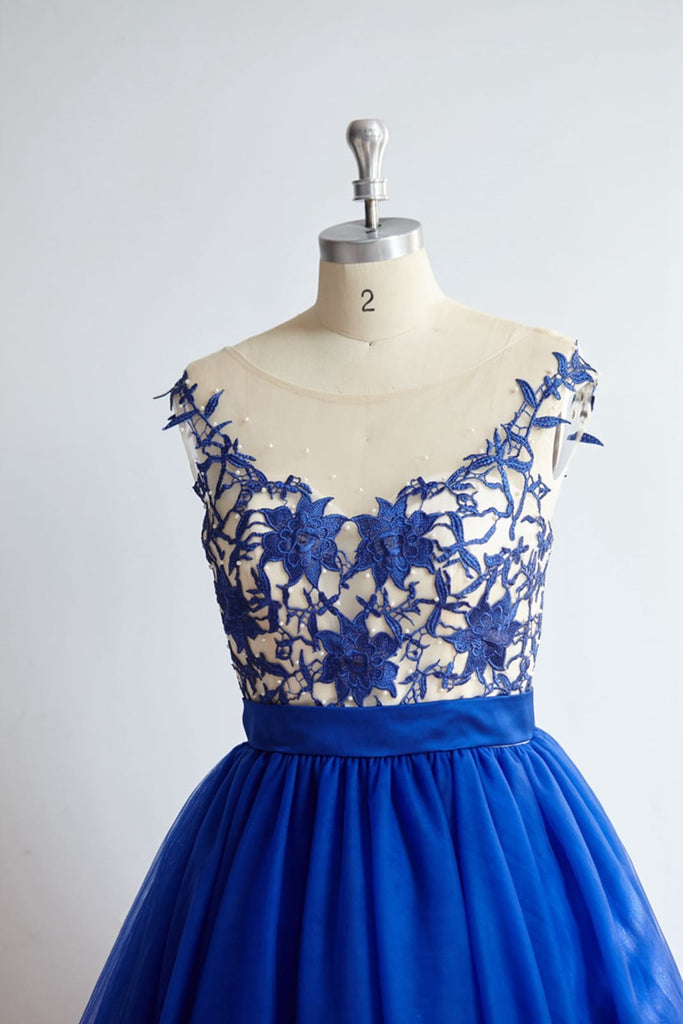 V Back Royal Blue Lace Tulle Short Knee Length Prom Party 