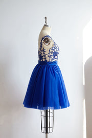 V Back Royal Blue Lace Tulle Short Knee Length Prom Party 