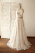 Backless Boho Beach Ivory Lace Tulle Wedding Dress