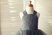 Backless Gray Lace Tulle Flower Girl Dress with Big Bow