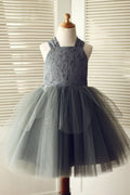 Backless Gray Lace Tulle Flower Girl Dress, Big Bow
