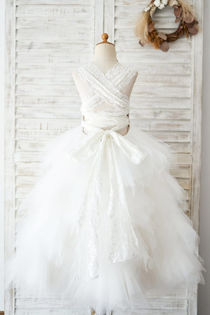 Backless Ivory Lace Ruffle Tulle Wedding Flower Girl Dress