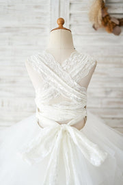 Backless Ivory Lace Ruffle Tulle Wedding Flower Girl Dress