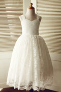 Backless Ivory Lace Straps Wedding Flower Girl Dress
