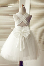 Backless Ivory Lace Tulle Wedding Flower Girl Dress with Big
