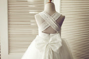 Backless Ivory Lace Tulle Wedding Flower Girl Dress with Big