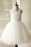 Backless Ivory Lace Tulle Wedding Flower Girl Dress, Big Bow