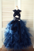 Vestido de niña de las flores con falda de tul con volantes de encaje azul marino sin espalda