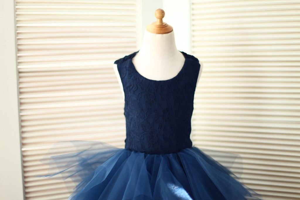 Backless Navy Blue Lace Ruffle Tulle Skirt Flower Girl Dress