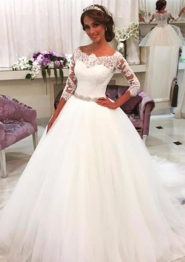 Ball Gown Bateau 3/4 Sleeve Court Lace Tulle Wedding Dress, Beaded Wai - Princessly Ball Gown Bateau 3/4 Sleeve Court Lace Tulle Wedding Dress, Beaded Wai - Princessly