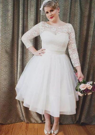 Ball Gown Bateau 3/4 Sleeve Tea-Length Lace Tulle Wedding 