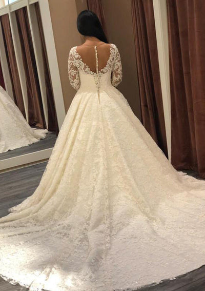 Ball Gown Bateau Long Sleeve Chapel Lace Wedding Dress - 