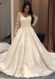 Ball Gown Bateau Long Sleeve Chapel Lace Wedding Dress - 