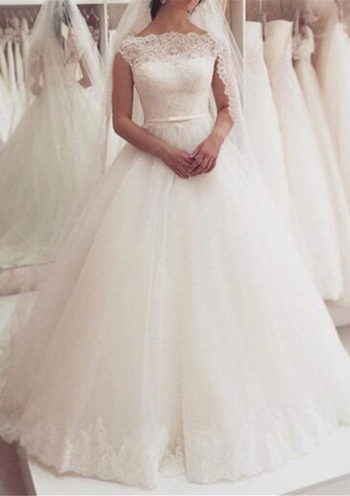Ball Gown Bateau Cap Sleeve Lace Tulle Wedding Dress 