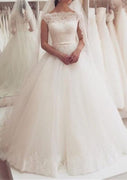 Ball Gown Bateau Cap Sleeve Lace Tulle Wedding Dress, Waistband