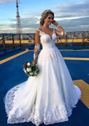 Ball Gown Covered Button Illusion Back Chapel Tulle Wedding Dress, Beaded