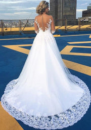Ball Gown Covered Button Illusion Back Chapel Tulle Wedding 