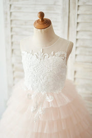 Ivory Lace Peach Pink Cupcake Tulle Keyhole Back Wedding 