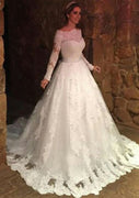 Ball Gown Lace Sweep Long Sleeve Off Shoulder Wedding Dress, Sash