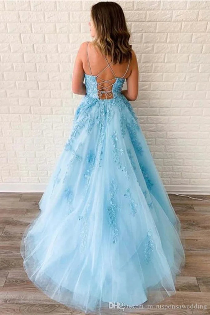 Ball Gown Lace Tulle Spaghetti Straps Crisscross Lace-up