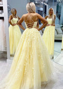 Ball Gown Lace Tulle Spaghetti Straps Crisscross Lace-up Court Train Prom Dress