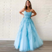 Ball Gown Lace Tulle Spaghetti Straps Crisscross Lace-up