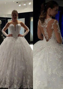 Ball Gown Lace Wedding Dress Illusion Bateau Long Sleeve Sweep