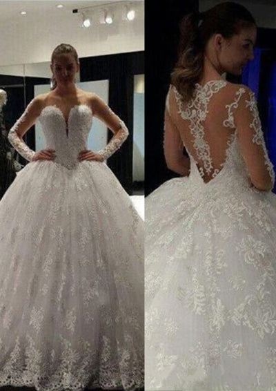 Ball Gown Lace Wedding Dress Illusion Bateau Long Sleeve 